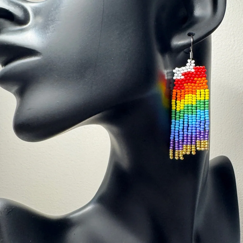 Rainbow Gold Seed‎ Bead Beaded Earrings 2.5” Dangle Earrings Handmade